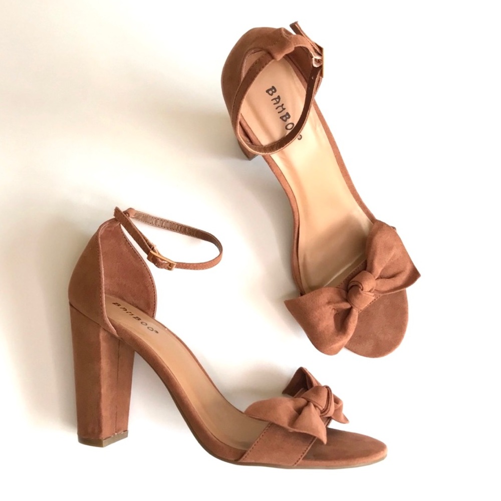 Bamboo | Terracotta Faux Suede Bow Block Heels